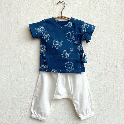 Organic Cotton Unisex Indigo Zoo Angarakha and White Pajama Pants Set