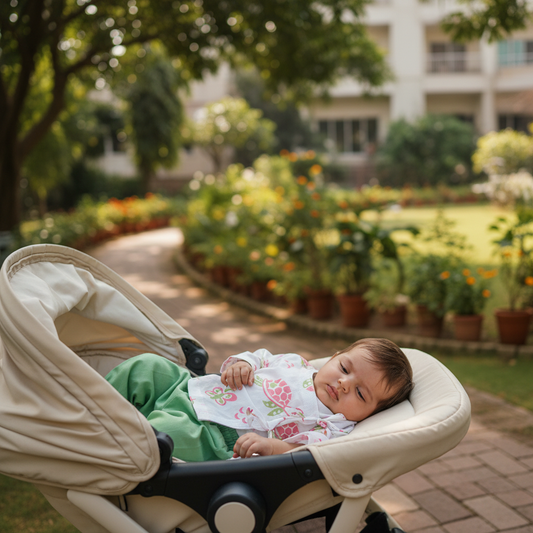 Unisex baby wearing an organic cotton turtle print angarakha and pyjama pants set.