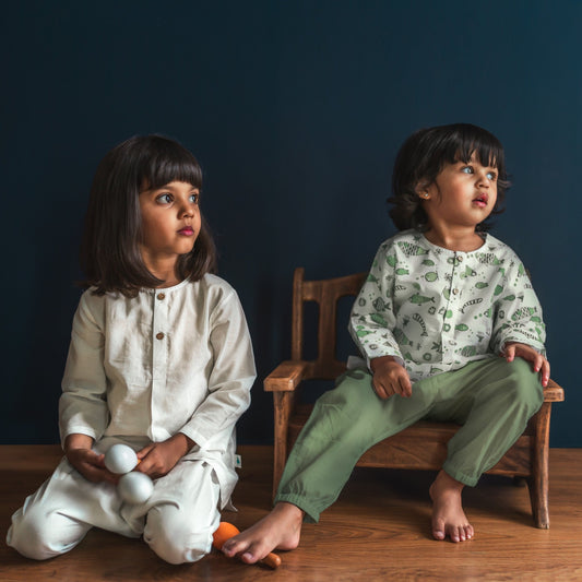 Organic Cotton Unisex Koi Bag  - Mint Koi Kurta + Essential White Kurta with Mint Pajama Pants Set