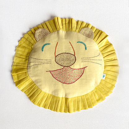 Hand-embroidered Organic Cotton Mustard Seeds Pillow & Maracas - Lion