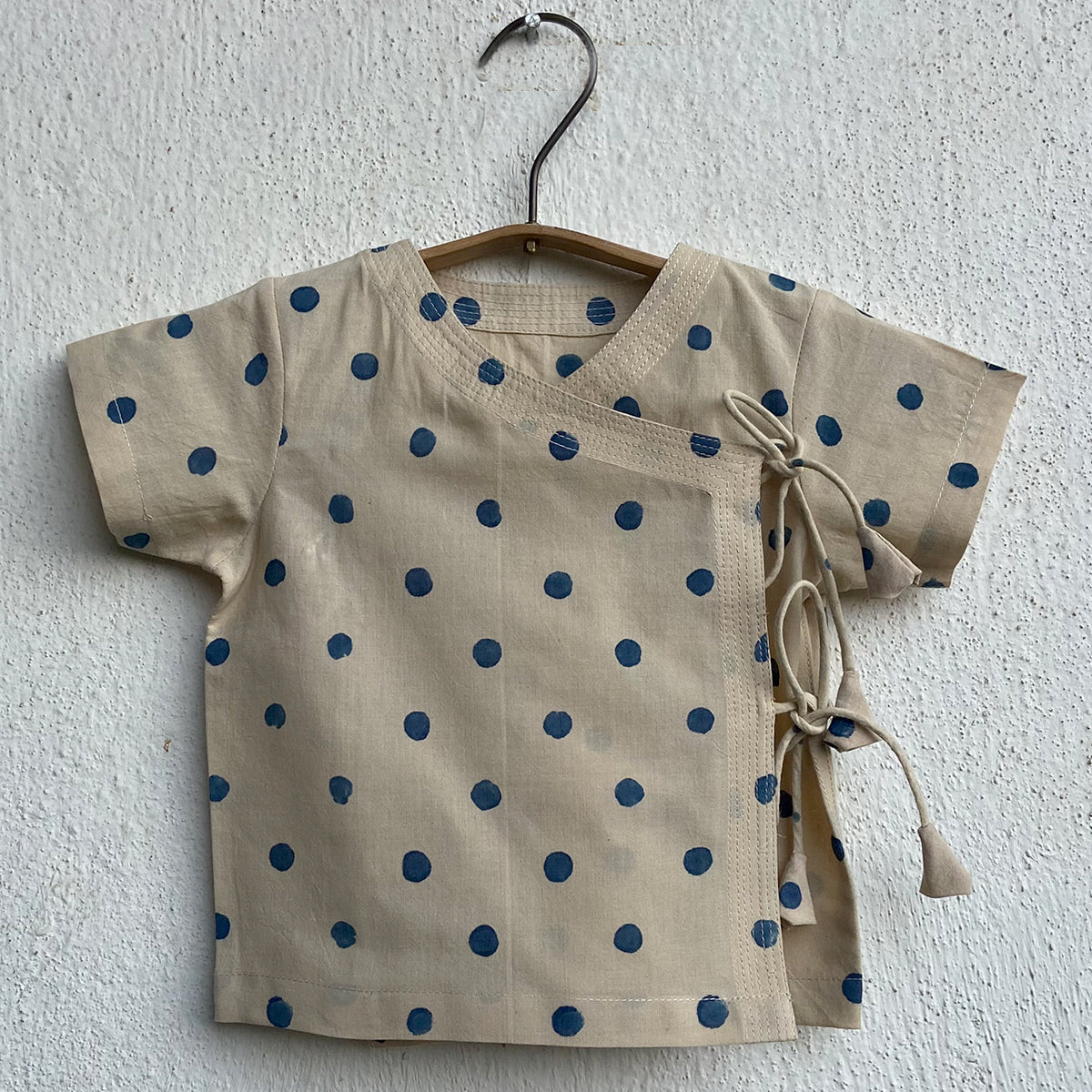 Organic Cotton Unisex Indigo Beige Polka Angarakha and Indigo Beige Polka Pajama Pants Set