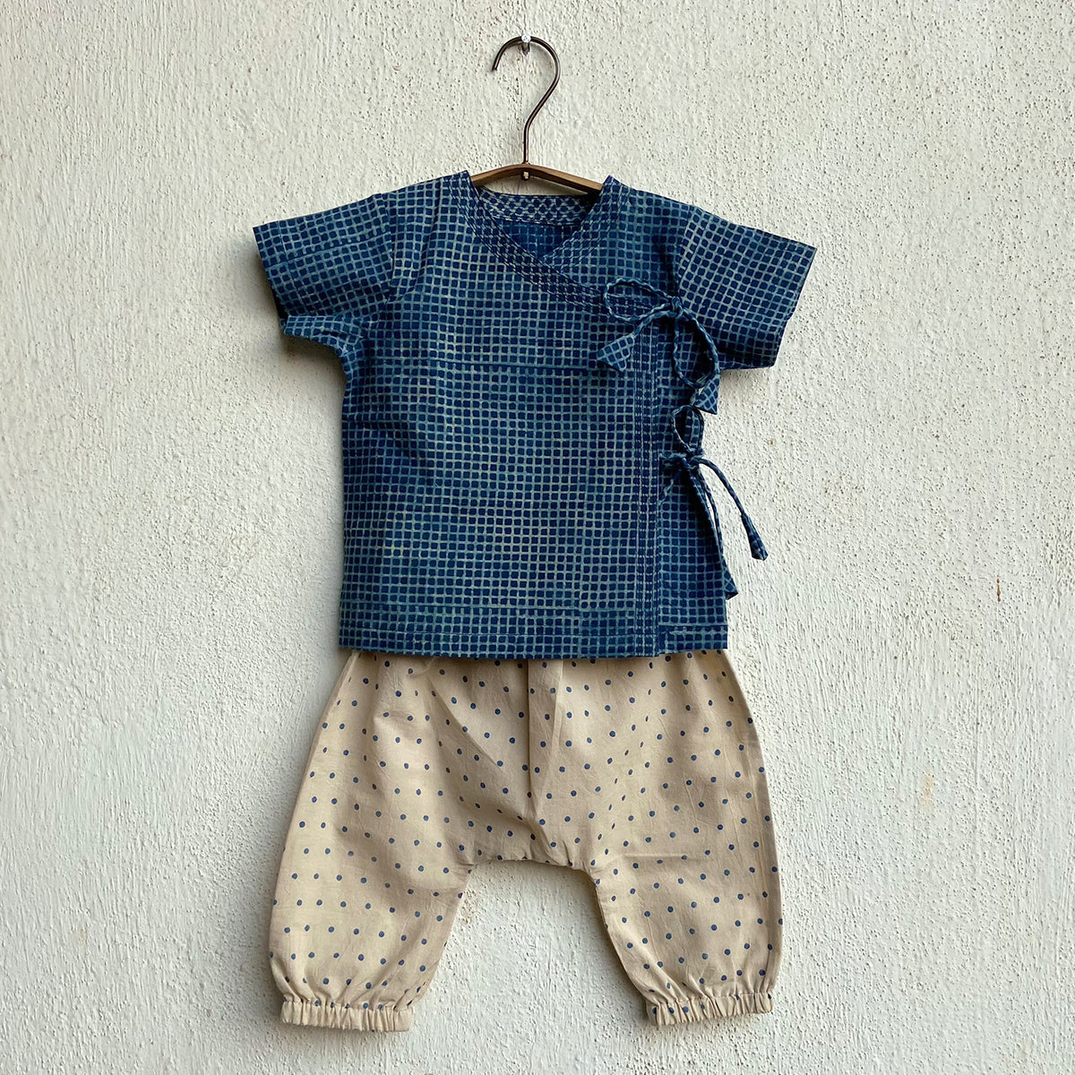 Organic Cotton Unisex Indigo Checks Angarakha and Indigo Raidana Pajama Pants Set
