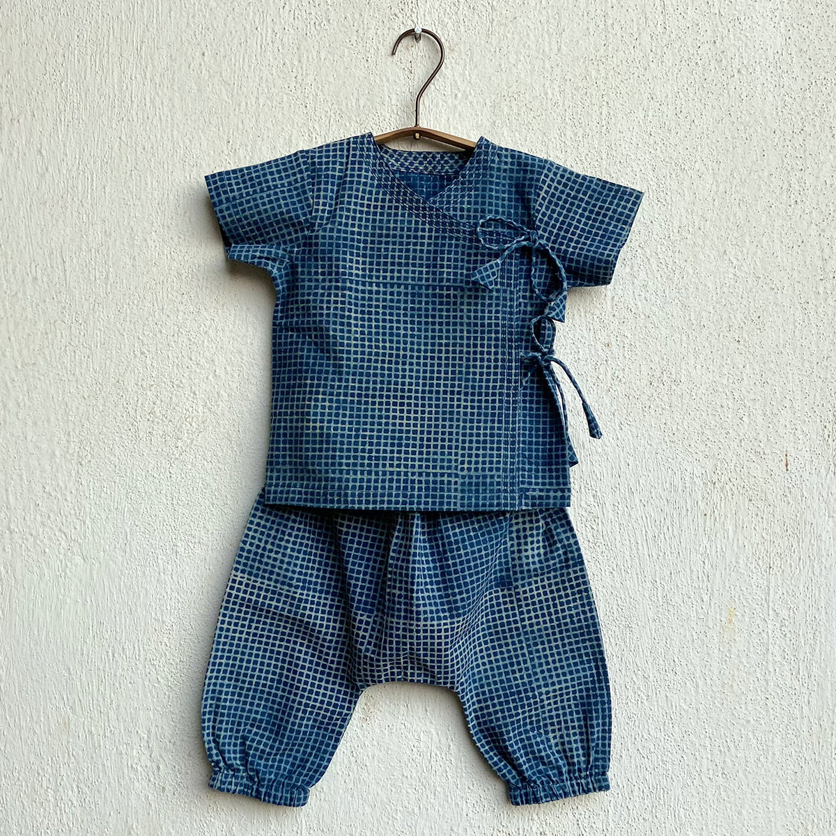 Organic Cotton Unisex Zoo Bag -  Indigo Raidana Angarakha + Indigo Checks Angarakha with Indigo Checks Pajama Pants