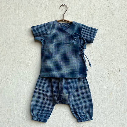 Organic Cotton Unisex Zoo Bag -  Indigo Raidana Angarakha + Indigo Checks Angarakha with Indigo Checks Pajama Pants