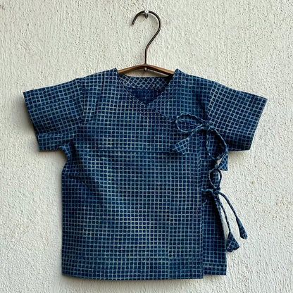 Organic Cotton Zoo Bag - Yellow Zoo Jhabla + Indigo Checks Angarakha and Indigo Checks Pajama Pants Set