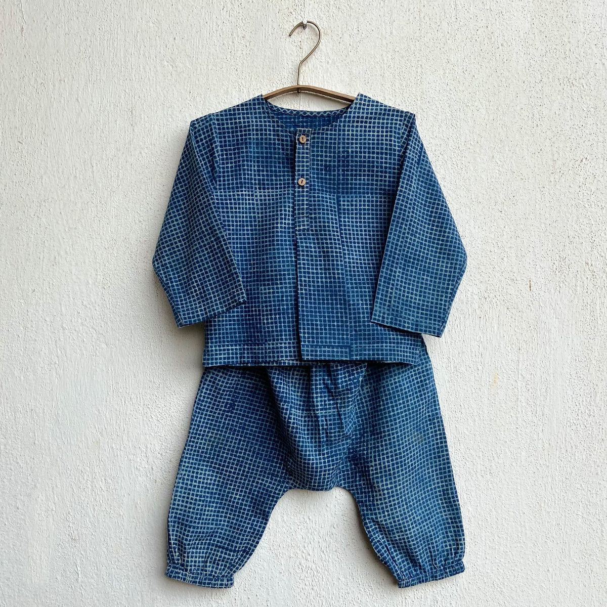 Organic Cotton Unisex Zoo Bag - Indigo Raidana Kurta + Indigo Checks Kurta with Indigo Checks Pajama Pants Set