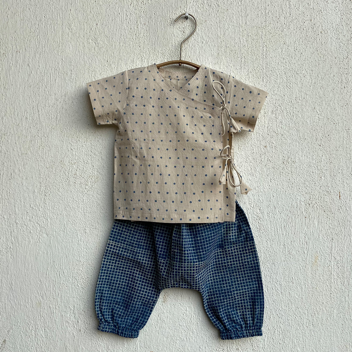 Organic Cotton Unisex Zoo Bag -  Indigo Raidana Angarakha + Indigo Checks Angarakha with Indigo Checks Pajama Pants