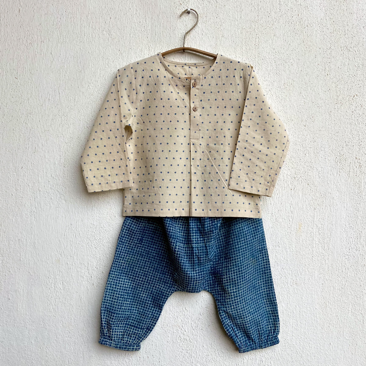 Organic Cotton Unisex Zoo Bag - Indigo Raidana Kurta + Indigo Checks Kurta with Indigo Checks Pajama Pants Set