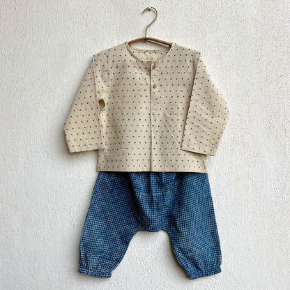 Organic Cotton Unisex Zoo Bag - Indigo Raidana Kurta + Indigo Checks Kurta with Indigo Checks Pajama Pants Set
