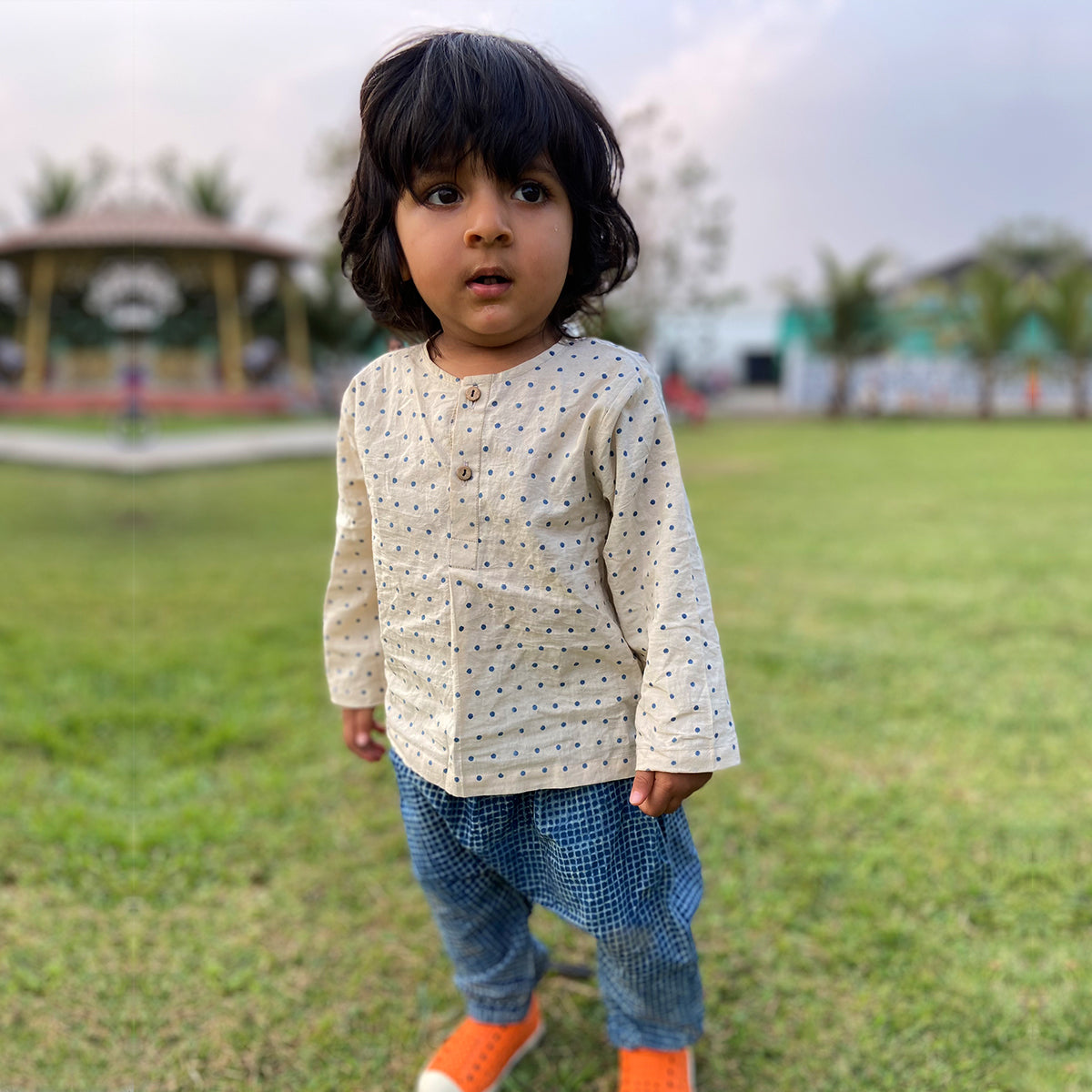 Organic Cotton Unisex Indigo Raidana Kurta and Indigo Checks Pajama Pants Set