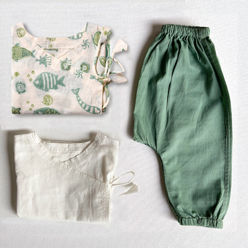 Organic Cotton Unisex Koi Bag - Mint Koi Angrakha + Essential White Angrakha with Mint Pajama Pants Set