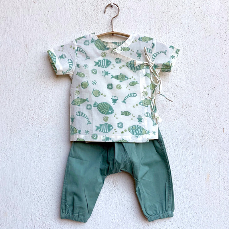 Organic Cotton Unisex Koi Bag for Babies - Mint Koi Angrakha and Essential White Angrakha with Mint Pyjama Pants Set
