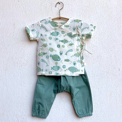 Organic Cotton Unisex Koi Bag for Babies - Mint Koi Angrakha and Essential White Angrakha with Mint Pyjama Pants Set