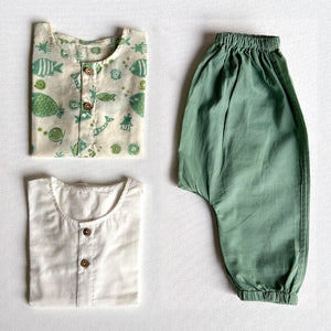Organic Cotton Unisex Koi Bag  - Mint Koi Kurta + Essential White Kurta with Mint Pajama Pants Set