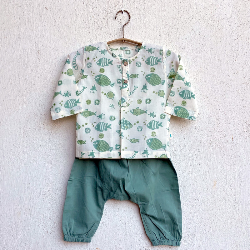 Organic Cotton Unisex Koi Bag  - Mint Koi Kurta + Essential White Kurta with Mint Pajama Pants Set