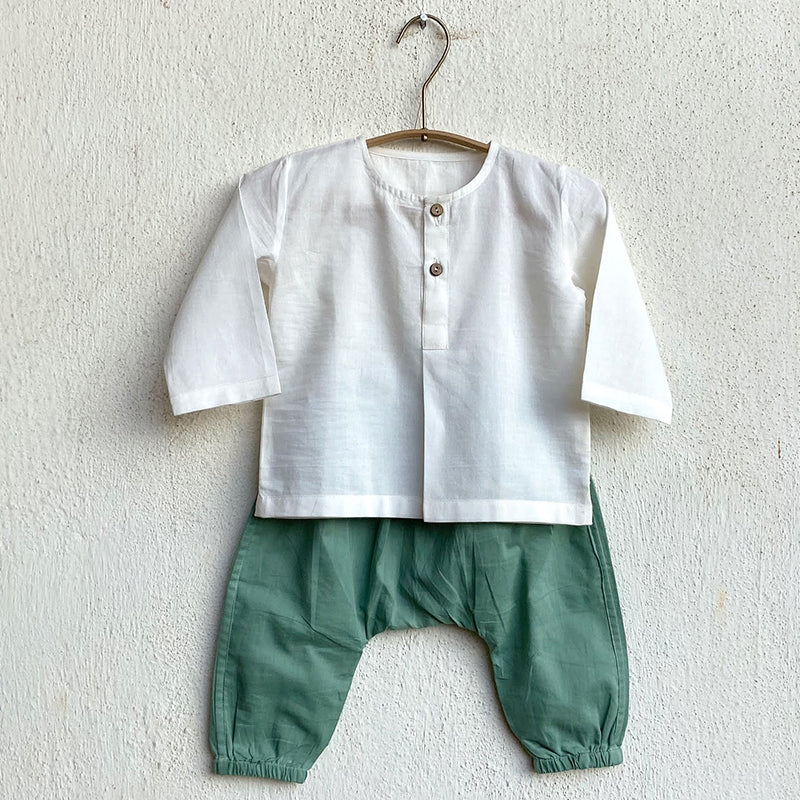 Organic Cotton Unisex Koi Bag  - Mint Koi Kurta + Essential White Kurta with Mint Pajama Pants Set