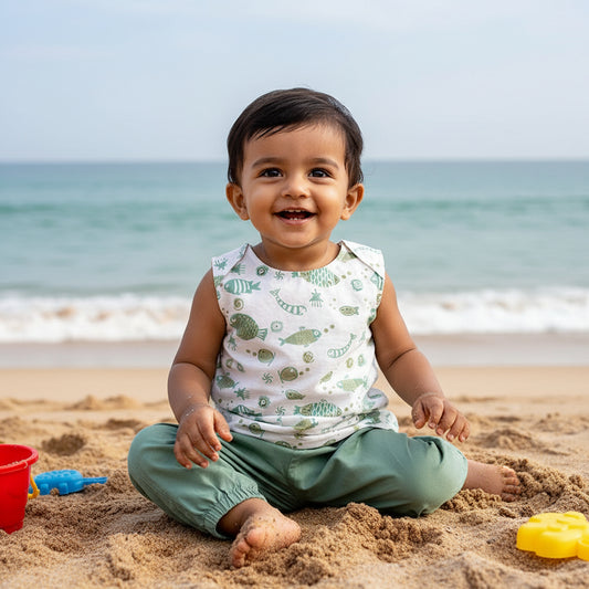 Organic Cotton Unisex Mint Koi Jhabla and Pajama Pants Set