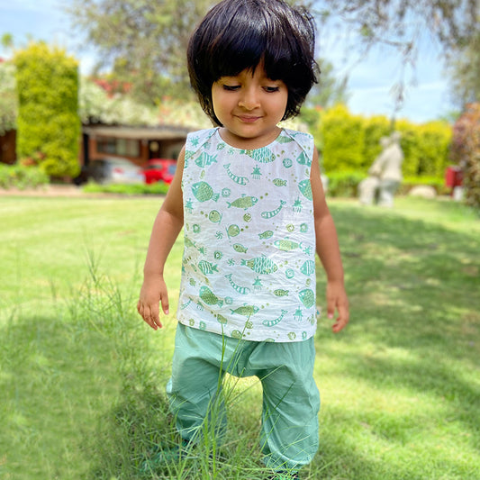 Organic Cotton Unisex Mint Koi Jhabla and Pajama Pants Set