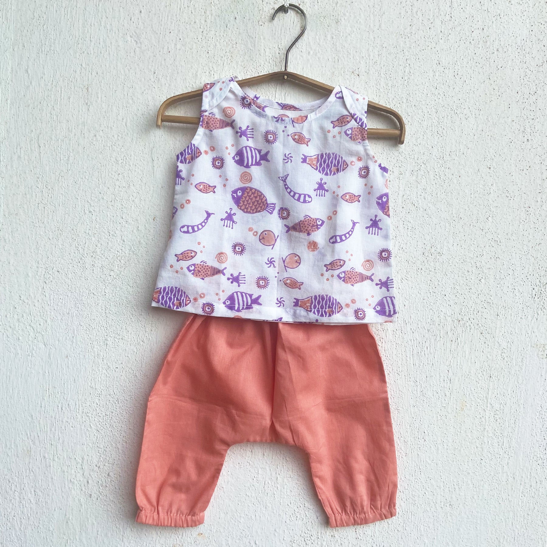 Organic Cotton Koi Peach Jhabla and Peach Pajama Pants Set
