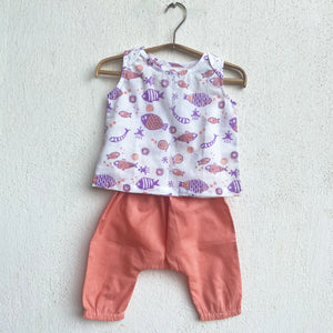 Organic Cotton Unisex Peach Koi Jhabla and Peach Pajama Pants Set