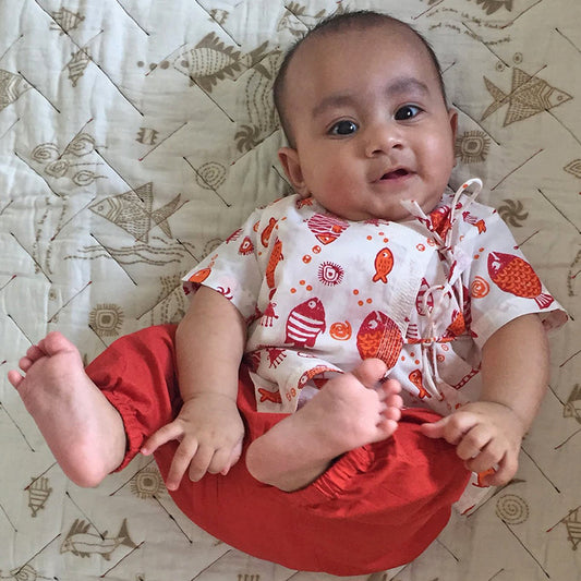 Organic Cotton Unisex Koi Red Angarakha and Pyjama Pants Set