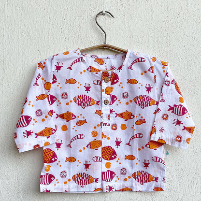 Organic Cotton Unisex Red Koi Kurta and Pyjama Pants Set