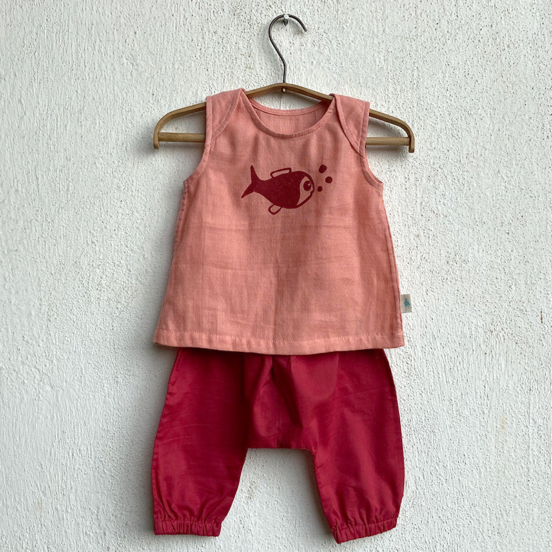 Organic Cotton Unisex Peach Koi Jhabla and Red Pajama Pants Set