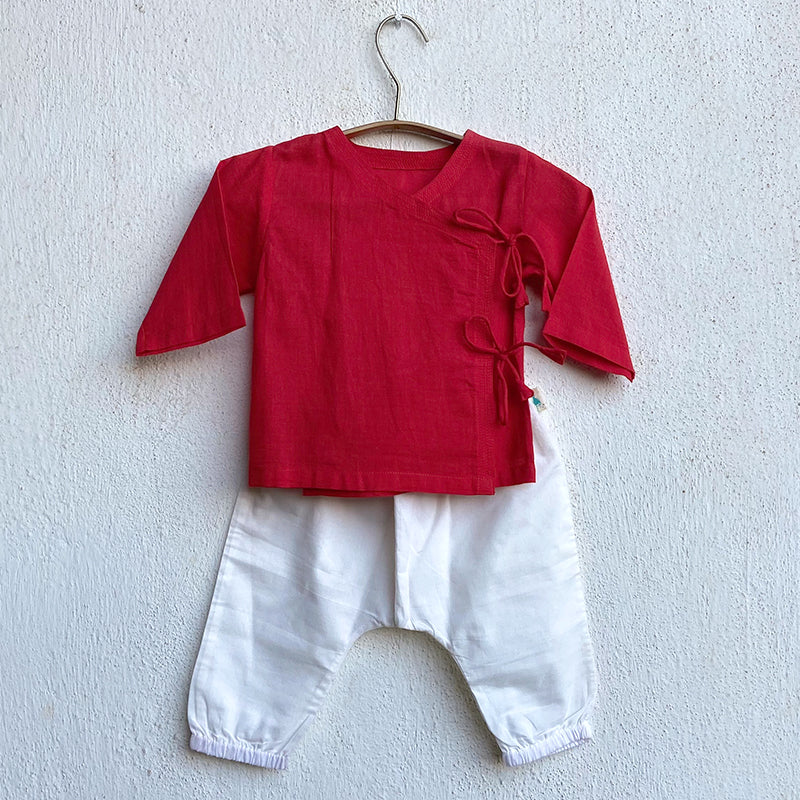 Organic Cotton Unisex Baby Red Angarakha and White Pajama Pants Set