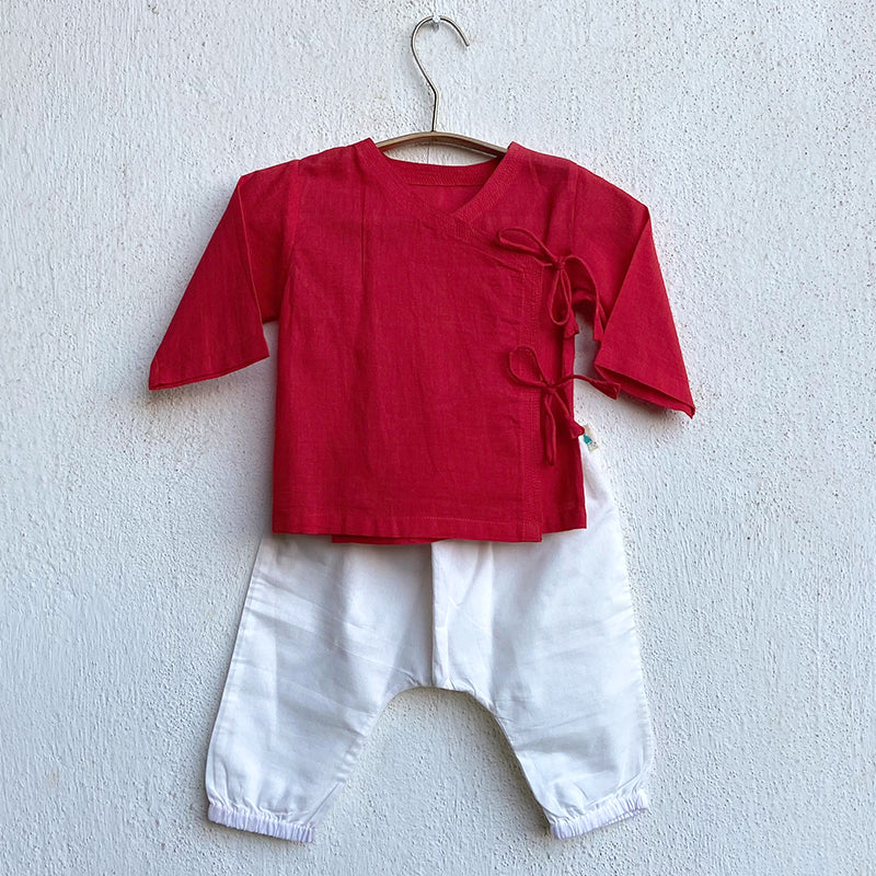 Organic Cotton Red Angrakha and White Pajama Set for Babies