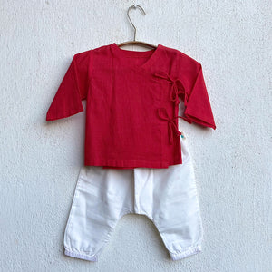 Organic Cotton Unisex Red Angarakha and White Pajama Pants Set
