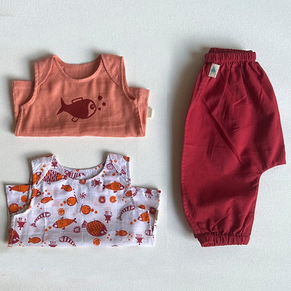 Organic Cotton Unisex Koi Jhabla Bag - Koi Red Jhabla + Peach Jhabla With Red Pants