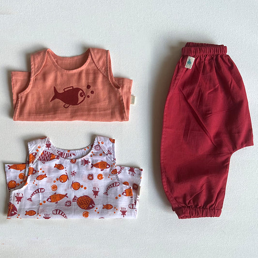 Organic Cotton Unisex Koi Jhabla Bag - Koi Red Jhabla + Peach Jhabla With Red Pants
