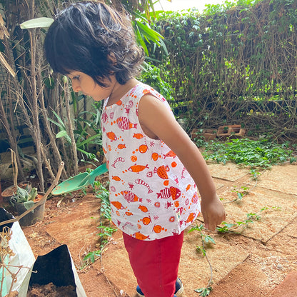 Organic Cotton Unisex Koi Jhabla Bag - Koi Red Jhabla + Peach Jhabla With Red Pants