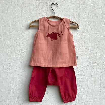 Organic Cotton Unisex Koi Jhabla Bag - Koi Red Jhabla + Peach Jhabla With Red Pants