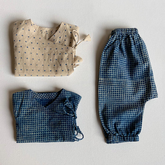 Organic Cotton Unisex Zoo Bag -  Indigo Raidana Angarakha + Indigo Checks Angarakha with Indigo Checks Pajama Pants