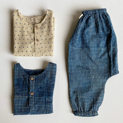 Organic Cotton Unisex Zoo Bag - Indigo Raidana Kurta + Indigo Checks Kurta with Indigo Checks Pajama Pants Set