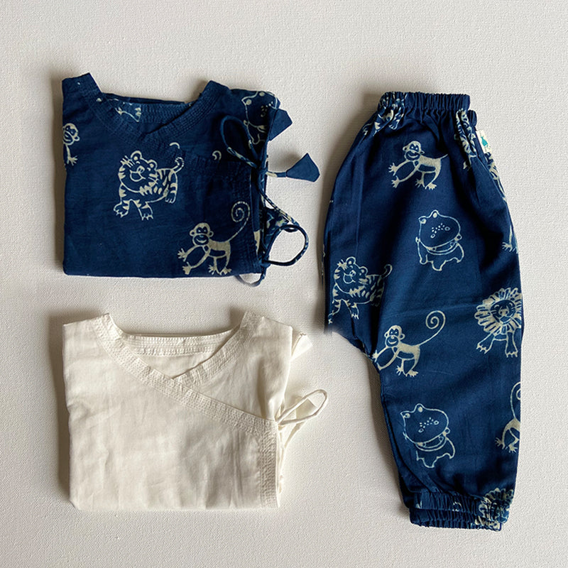 Organic Cotton Unisex Zoo Bag - Indigo Zoo Angrakha + Essential White Angrakha with Indigo Zoo Pajama Pants Set