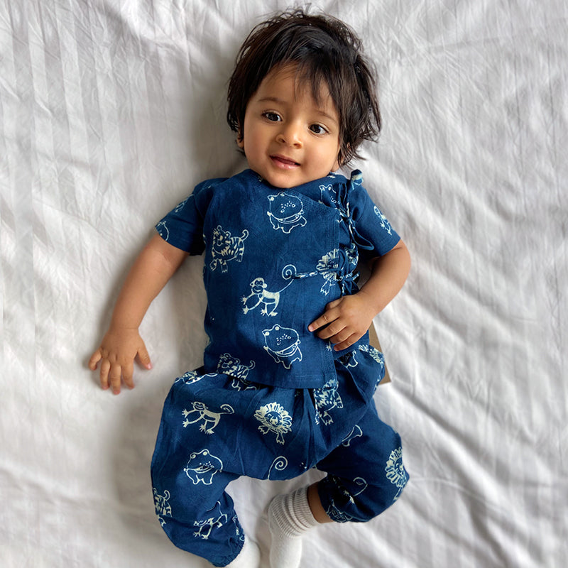 Organic Cotton Unisex Zoo Bag for Babies  - Indigo Zoo Angrakha and Essential White Angrakha with Indigo Zoo Pyjama Pants Set