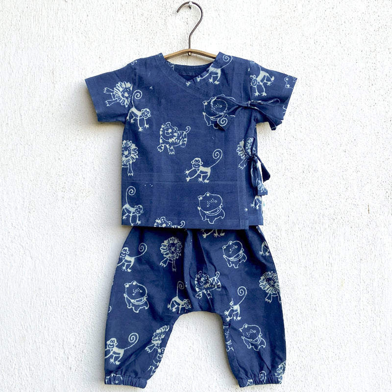 Organic Cotton Unisex Zoo Bag for Babies  - Indigo Zoo Angrakha and Essential White Angrakha with Indigo Zoo Pyjama Pants Set