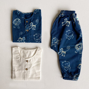 Organic Cotton Unisex Zoo Bag  - Indigo Zoo Kurta + Essential White Kurta with Indigo Zoo Pajama Pants Set