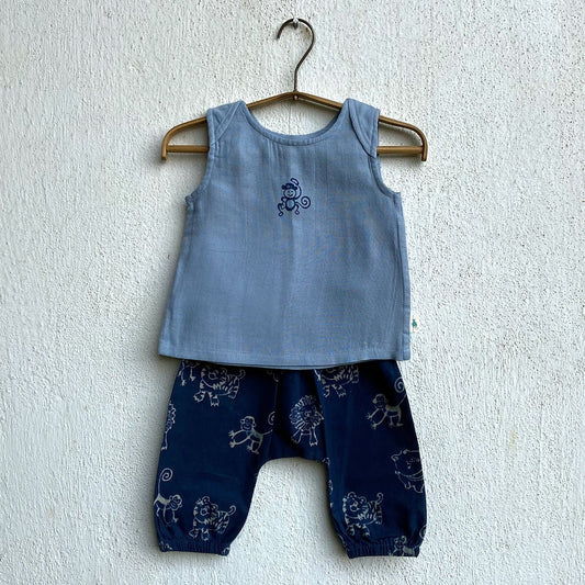 Organic Cotton Unisex Zoo Monkey Jhabla and Indigo Zoo Pajama Pants Set