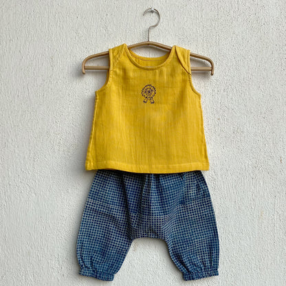 Organic Cotton Zoo Bag - Yellow Zoo Jhabla + Indigo Checks Angarakha and Indigo Checks Pajama Pants Set