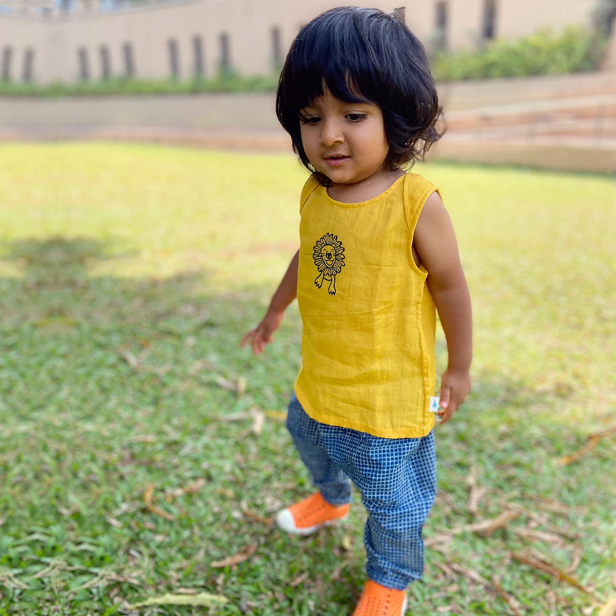 Organic Cotton Zoo Bag - Yellow Zoo Jhabla + Indigo Checks Angarakha and Indigo Checks Pajama Pants Set