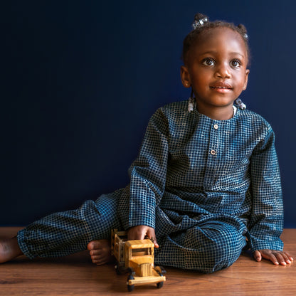 Organic Cotton Unisex Zoo Bag - Indigo Raidana Kurta + Indigo Checks Kurta with Indigo Checks Pajama Pants Set
