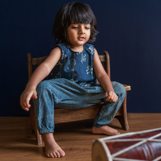Organic Cotton Unisex Indigo Zoo Jhabla and Indigo Checks Pajama Pants Set